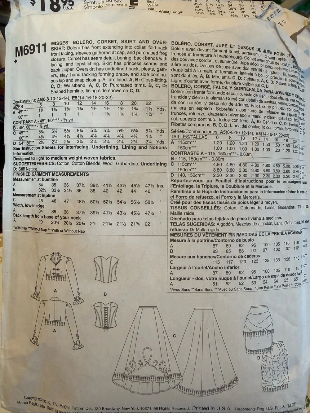 Plus Sz McCalls M6911 Steampunk Victorian Corset Costume Pattern 14-22 Uncut OOP